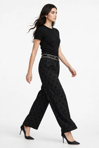 Women's High-Waist Wide Leg Pants - Grey Monogram Print Palazzo Trousers #00346