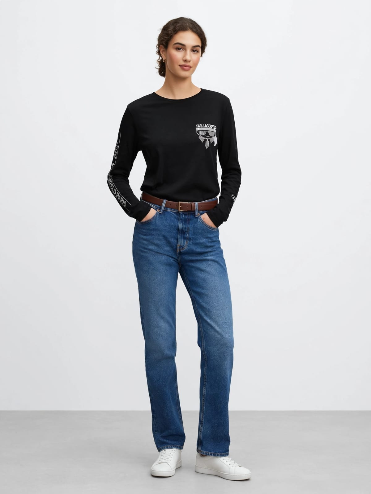 Karl Lagerfeld Paris Long Sleeve Graphic T-Shirt - Black Cotton Tee with Logo Print #00363