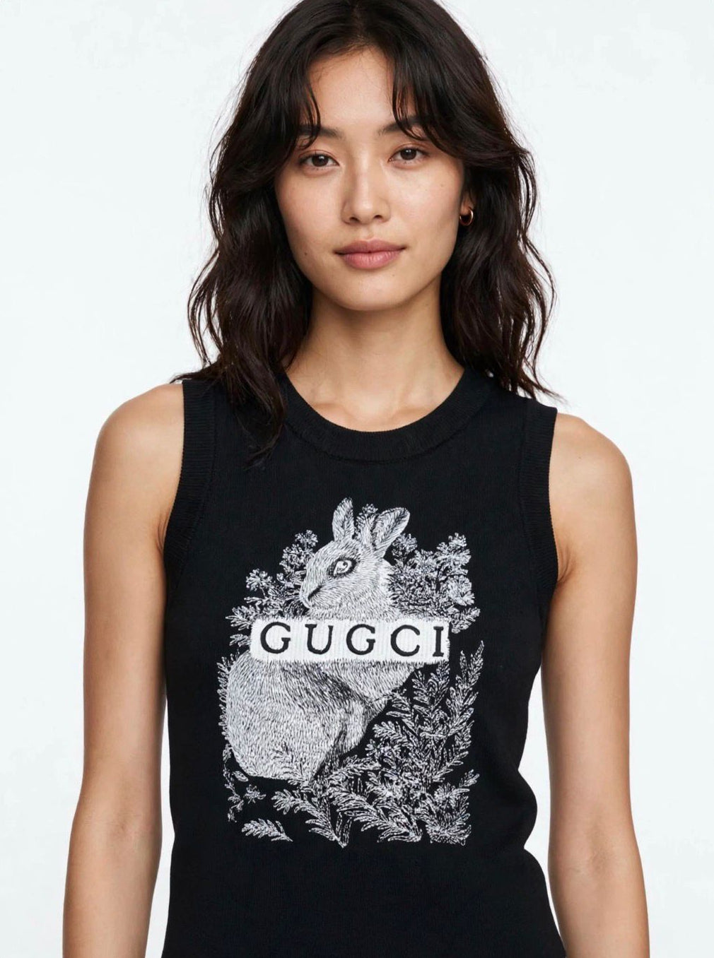 Ribbed Knit Sleeveless Tank Top - Embroidered Rabbit & GUGCI Graphic | Black #00323