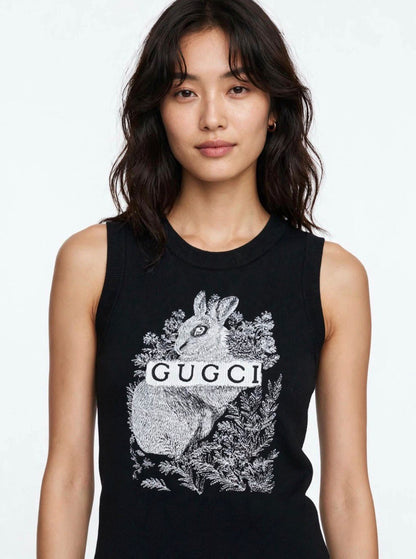 Ribbed Knit Sleeveless Tank Top - Embroidered Rabbit & GUGCI Graphic | Black #00323