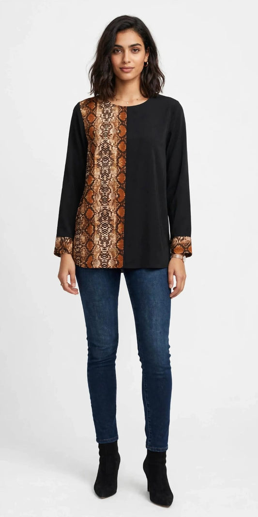 Women's Snakeskin Panel Long Sleeve Tunic Top - Black & Brown #00330