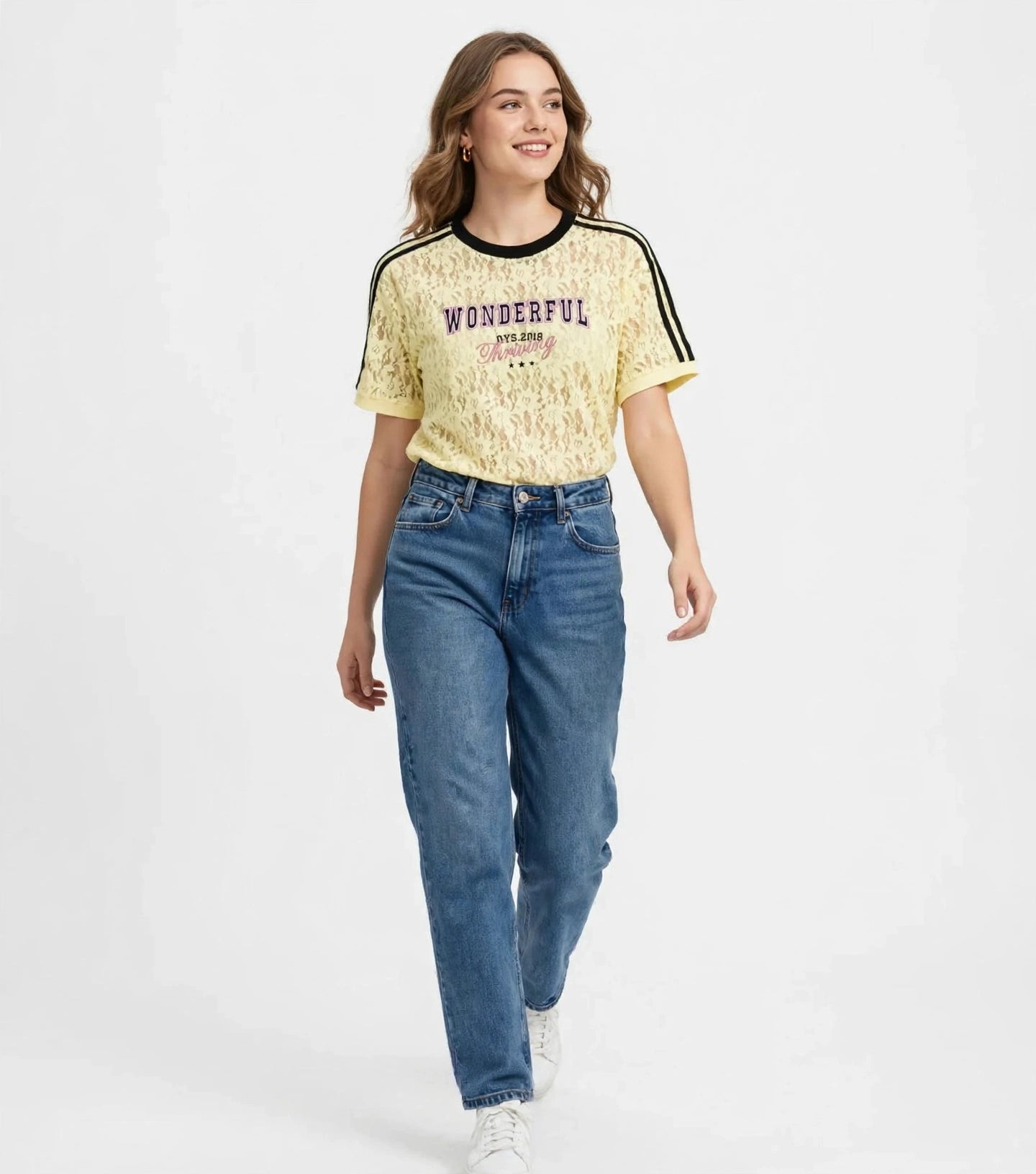 WONDERFUL Lace Graphic Tee with Stripe Shoulder Details #00371