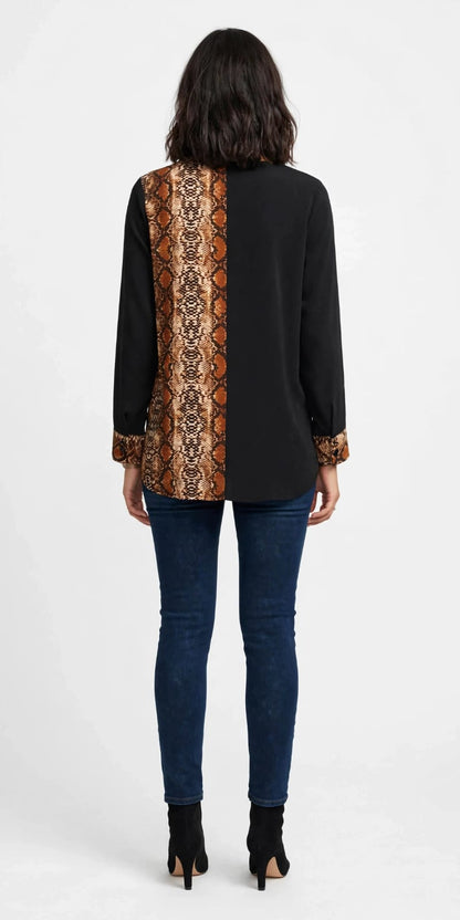 Women's Snakeskin Panel Long Sleeve Tunic Top - Black & Brown #00330