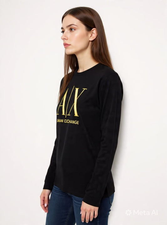 Women's Armani Exchange Long Sleeve Crewneck Logo T-Shirt - Black & Gold #00325