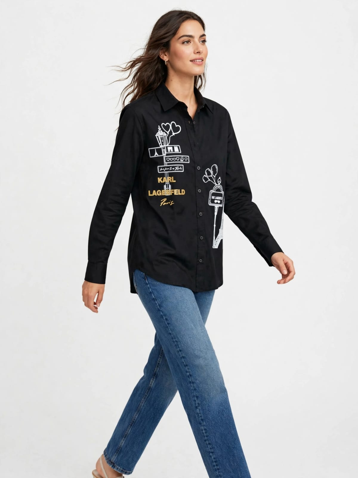 Karl Paris Sketch Button Down  Chemise  - Eiffel Tower Graphic Blouse #00338
