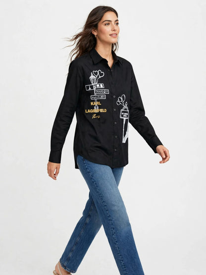 Karl Paris Sketch Button Down  Chemise  - Eiffel Tower Graphic Blouse #00338