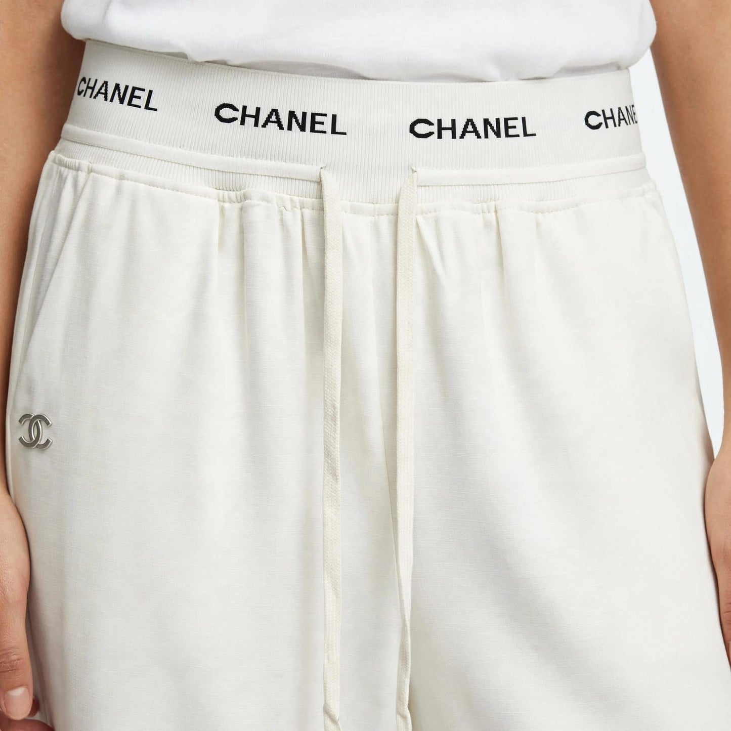 Women's High-Waist Wide Leg Palazzo Pants - White with Logo Waistband & Drawstring #00347