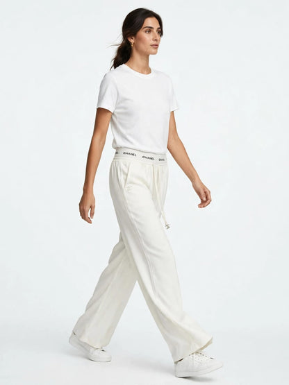 Women's High-Waist Wide Leg Palazzo Pants - White with Logo Waistband & Drawstring #00347