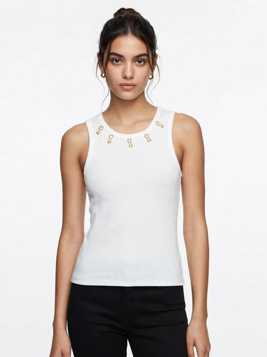 Embellished Safety Pin Tank Top - Sleeveless Ribbed Top with Gold Hardware Neckline-#00401