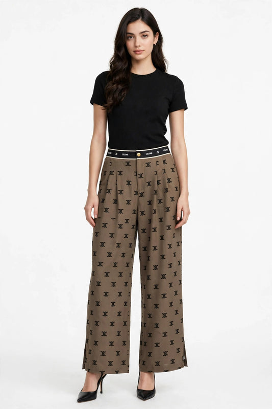 Women's High-Waist Wide Leg Pants - Grey Monogram Print Palazzo Trousers #00346