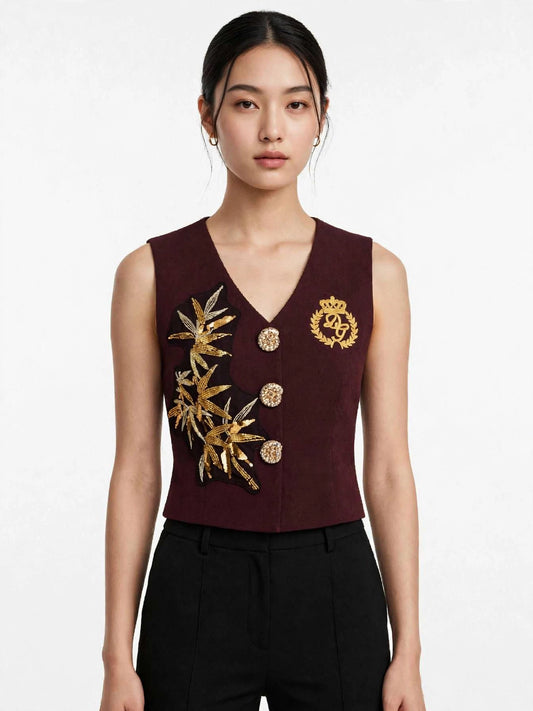 Dolce & Gabbana Embroidered Crest Vest - Sleeveless V-Neck Gold Leaf Jeweled Button Top-#00400