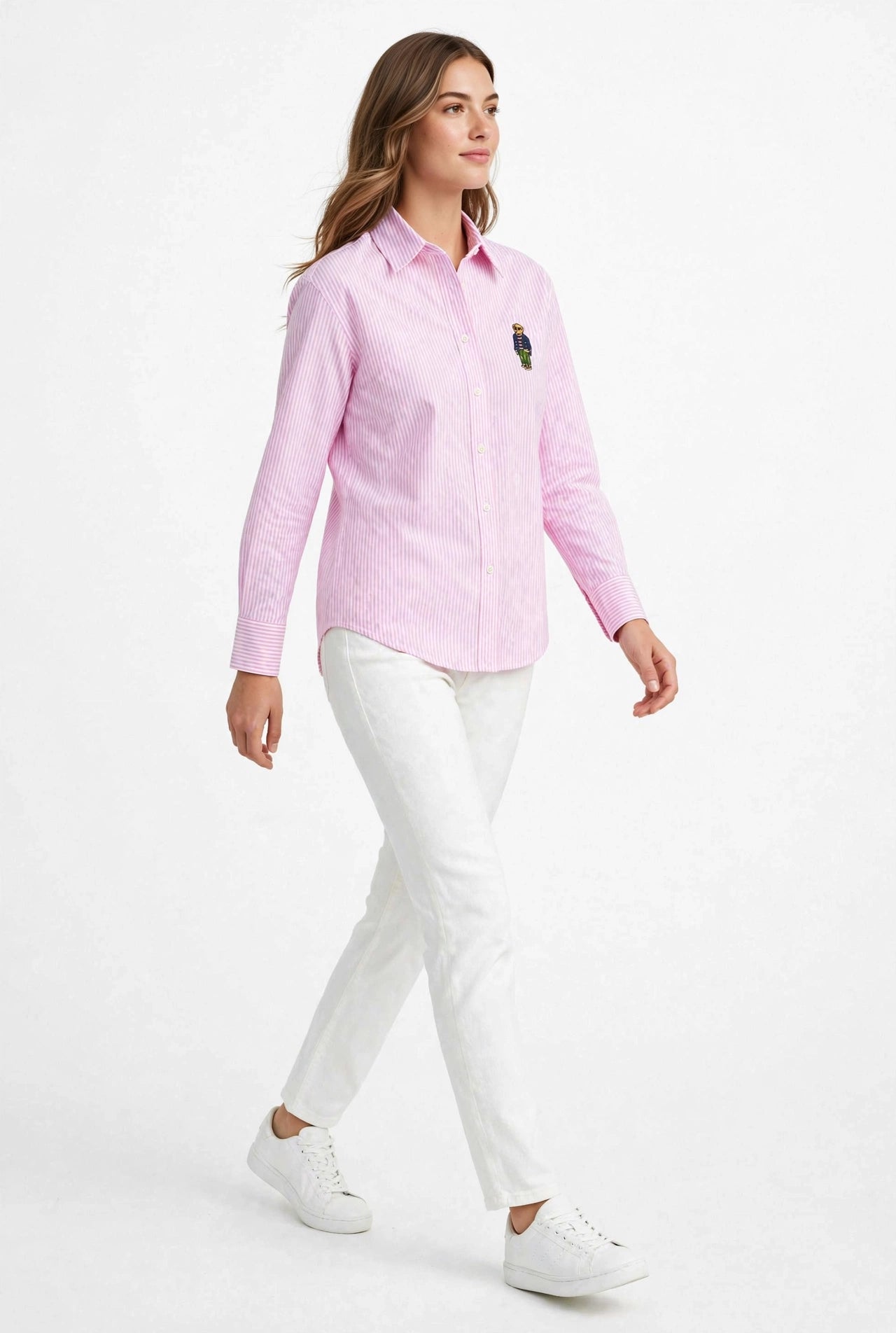 Ralph Lauren Cotton Striped Bear Logo Shirt | Long Sleeve Office Casual #00367