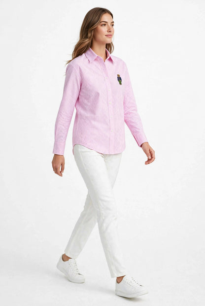 Ralph Lauren Cotton Striped Bear Logo Shirt | Long Sleeve Office Casual #00367