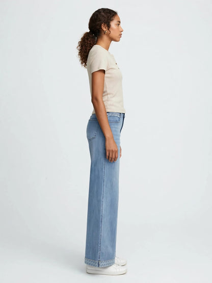 Women's Wide Leg High Rise Jeans - Light Wash Blue Denim with Embroidered Hem #00348