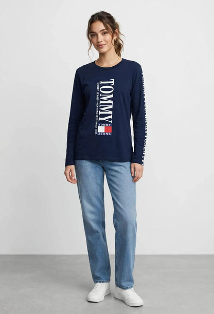 Women's Tommy Jeans Vertical Logo Long Sleeve Tee - Navy Blue #00232