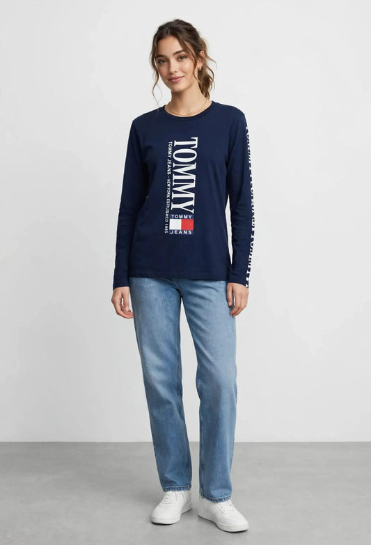 Women's Tommy Jeans Vertical Logo Long Sleeve Tee - Navy Blue #00332
