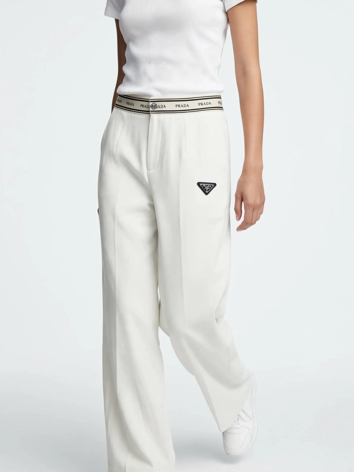 Prada Logo Waistband Wide-Leg Pants - Off White Triangle Logo #00353