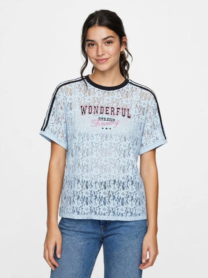 WONDERFUL Lace Graphic Tee with Stripe Shoulder Details #00371