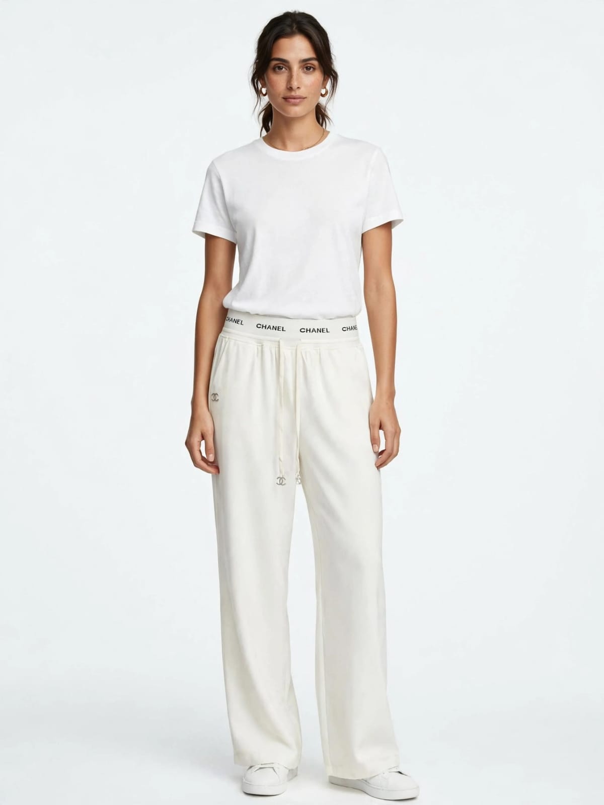 Women's High-Waist Wide Leg Palazzo Pants - White with Logo Waistband & Drawstring #00347