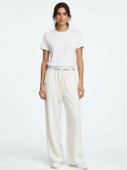 Women's High-Waist Wide Leg Palazzo Pants - White with Logo Waistband & Drawstring #00347