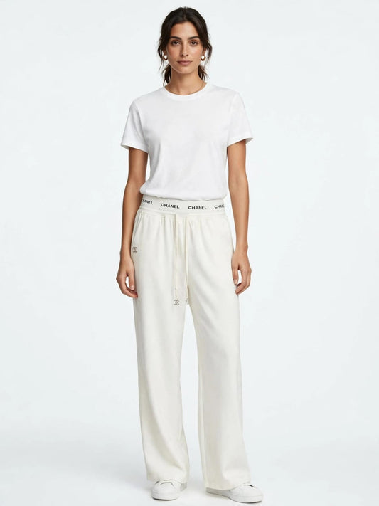 Women's High-Waist Wide Leg Palazzo Pants - White with Logo Waistband & Drawstring #00347