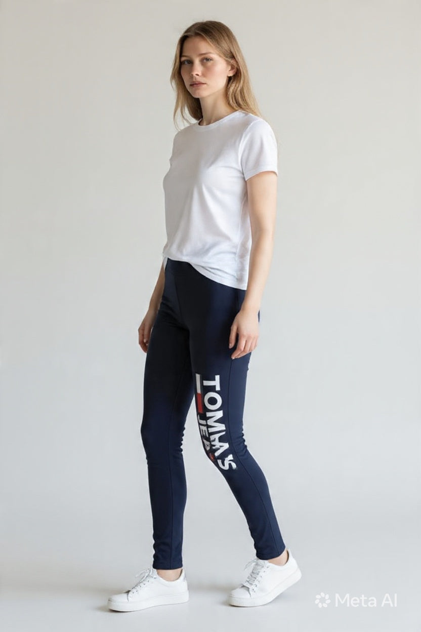 Tommy Jeans Women's Logo Leggings - High Waist Navy Blue #00375
