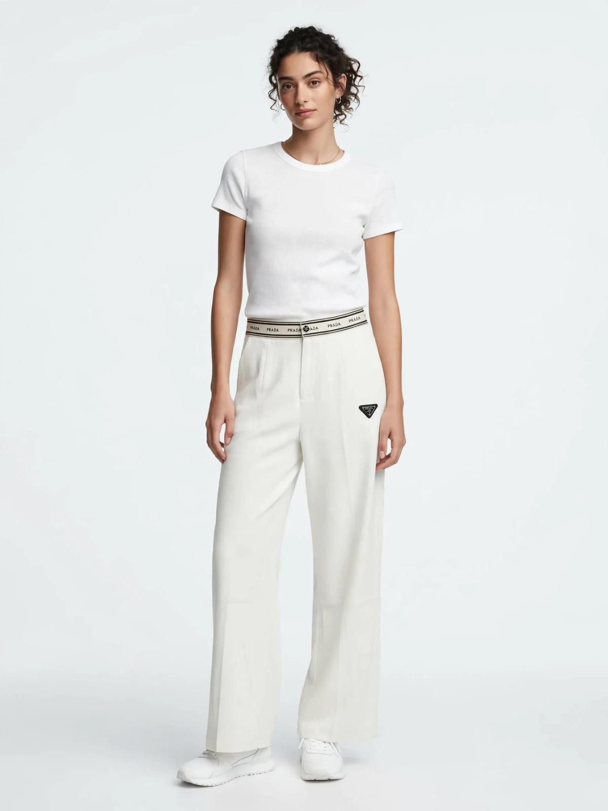 Prada Logo Waistband Wide-Leg Pants - Off White Triangle Logo #00353