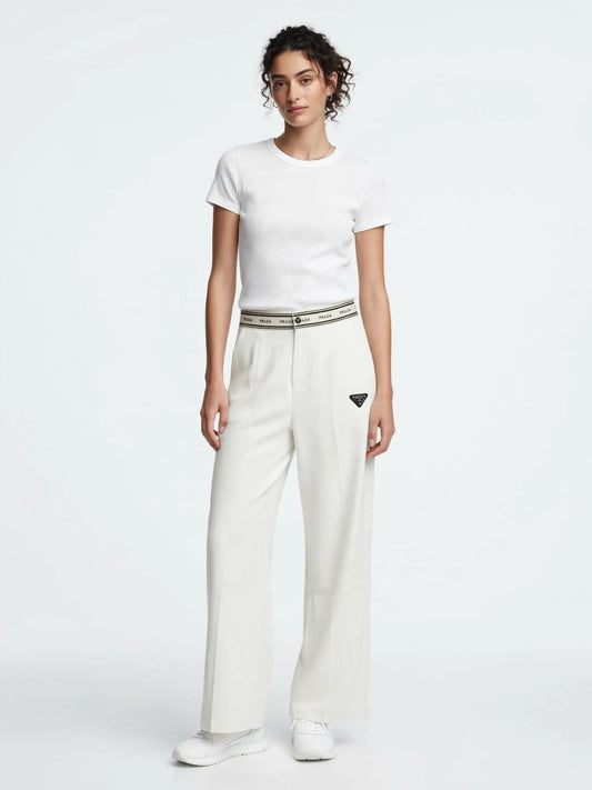 Prada Logo Waistband Wide-Leg Pants - Off White Triangle Logo #00353