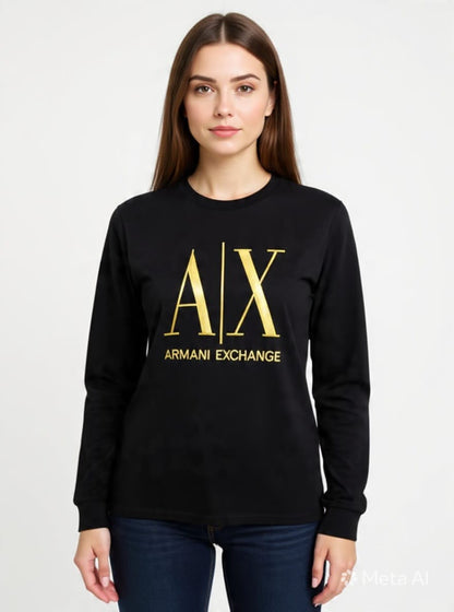 Women's Armani Exchange Long Sleeve Crewneck Logo T-Shirt - Black & Gold #00325