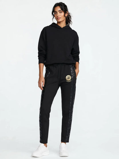 Versace Women's Medusa Track Pants - Black with Gold Logo & Greca Camo Side Panels #00351