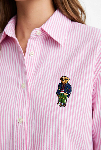 Ralph Lauren Cotton Striped Bear Logo Shirt | Long Sleeve Office Casual #00367