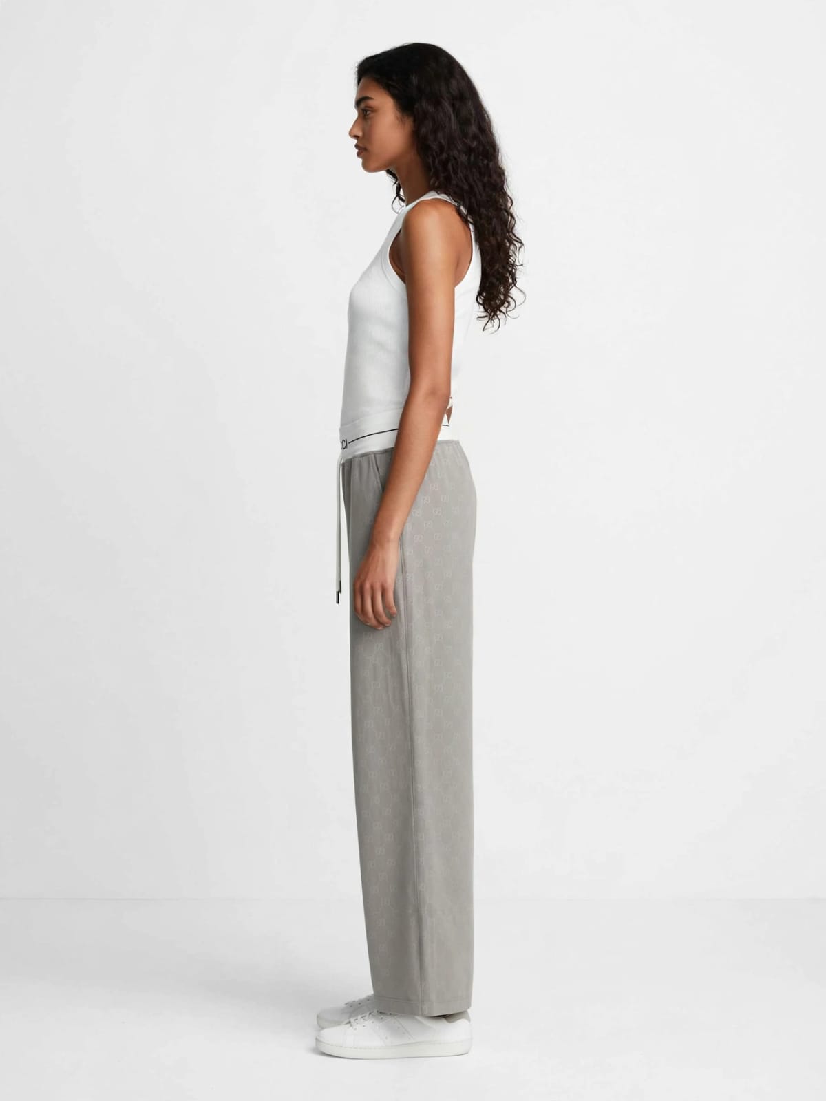 Gucci Logo Waistband Track Pants - Grey Monogram Wide Leg #00356