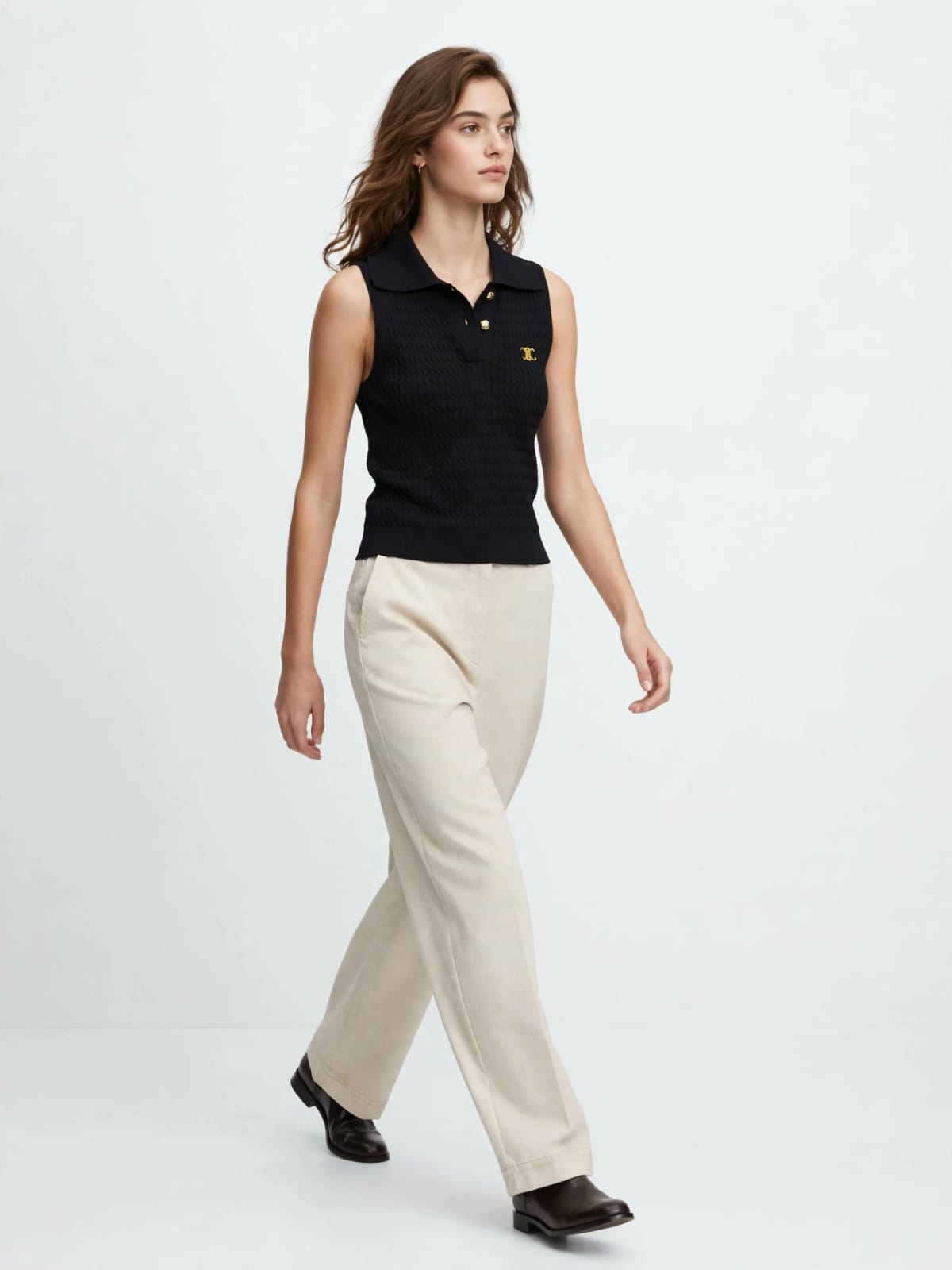 Gold Button Sleeveless Knit Polo Top - Black #00326