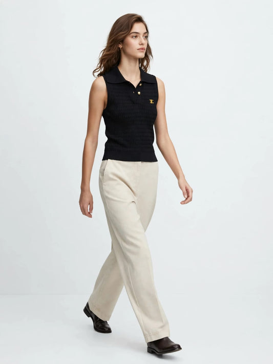 Gold Button Sleeveless Knit Polo Top - Black #00326