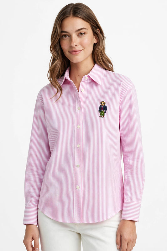 Ralph Lauren Cotton Striped Bear Logo Shirt | Long Sleeve Office Casual #00367
