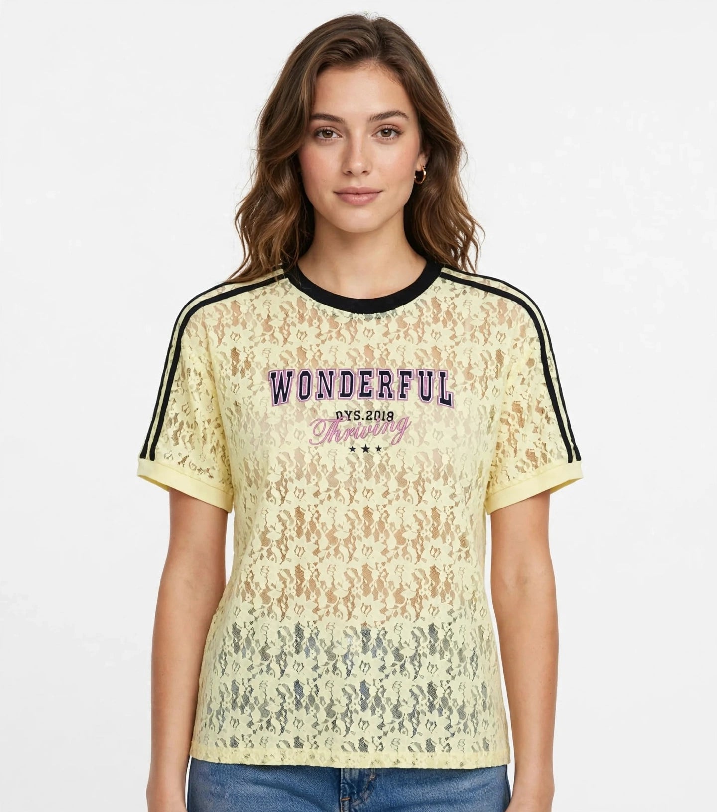 WONDERFUL Lace Graphic Tee with Stripe Shoulder Details #00371