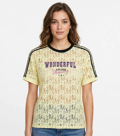 WONDERFUL Lace Graphic Tee with Stripe Shoulder Details #00371