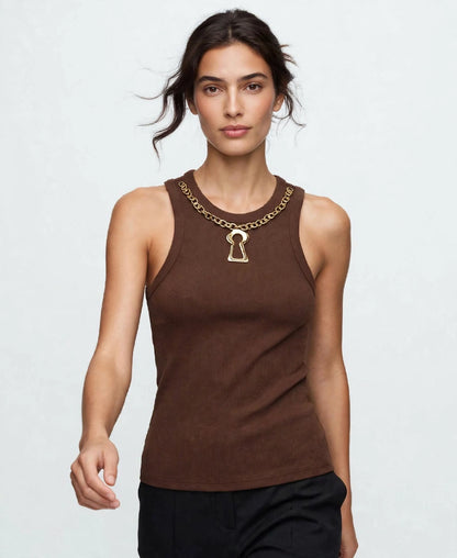 Schiaparelli-Inspired Gold Keyhole Chain Tank Top - Black #00322