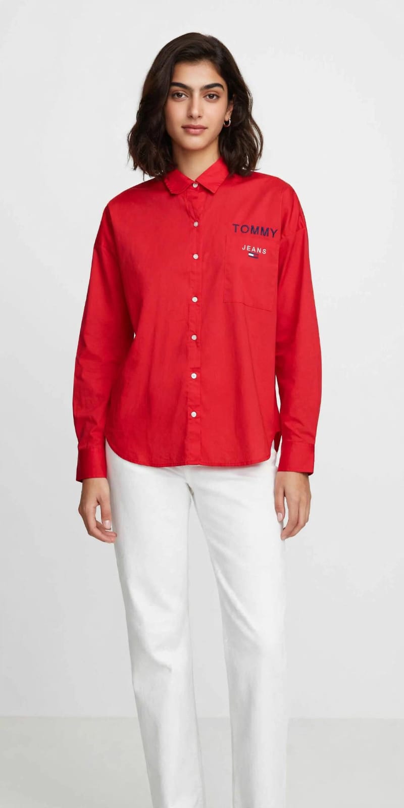 Bold Red Button-Up Chemise – Tommy Jeans Printed Logo Cotton Top #00344