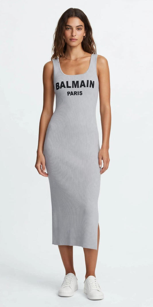 Paris Logo Ribbed Tank Midi Dress - Bodycon Side Slit Dress #00335