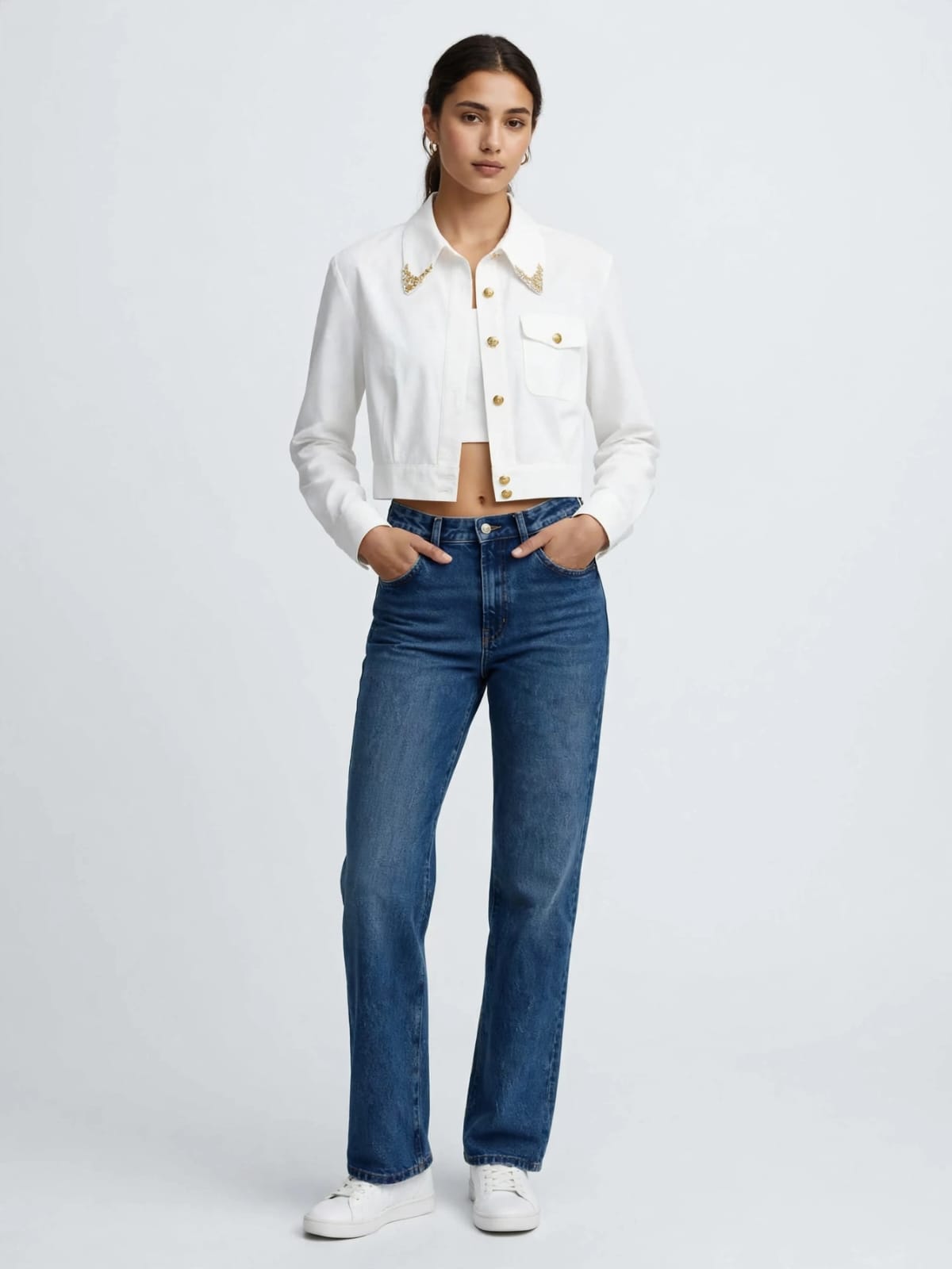 Schiaparelli White Cropped Blazer Jacket - Gold Embroidered Collar | Designer Luxury #00365