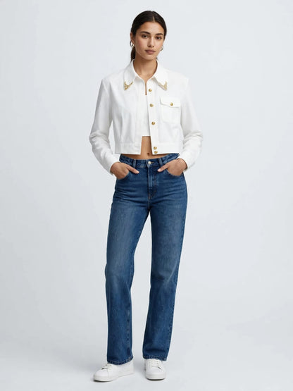Schiaparelli White Cropped Blazer Jacket - Gold Embroidered Collar | Designer Luxury #00365