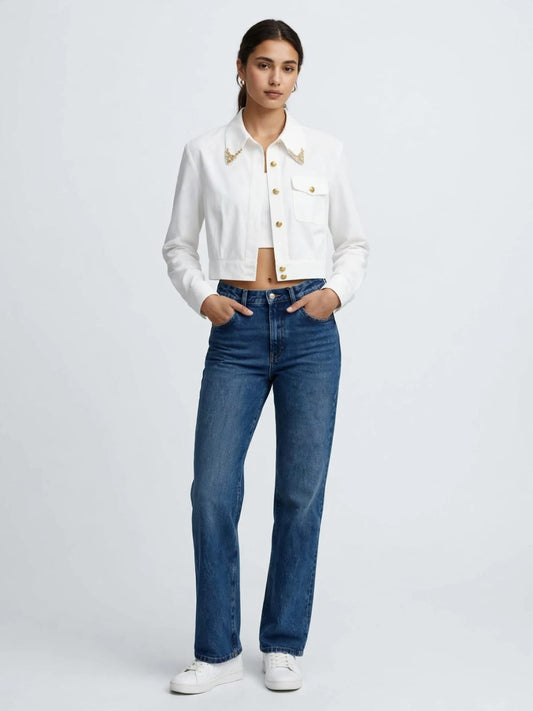 Schiaparelli White Cropped Blazer Jacket - Gold Embroidered Collar | Designer Luxury #00365