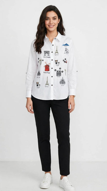 Paris Landmark Print Button Down  Chemise  - Illustrated Graphic Blouse #00337