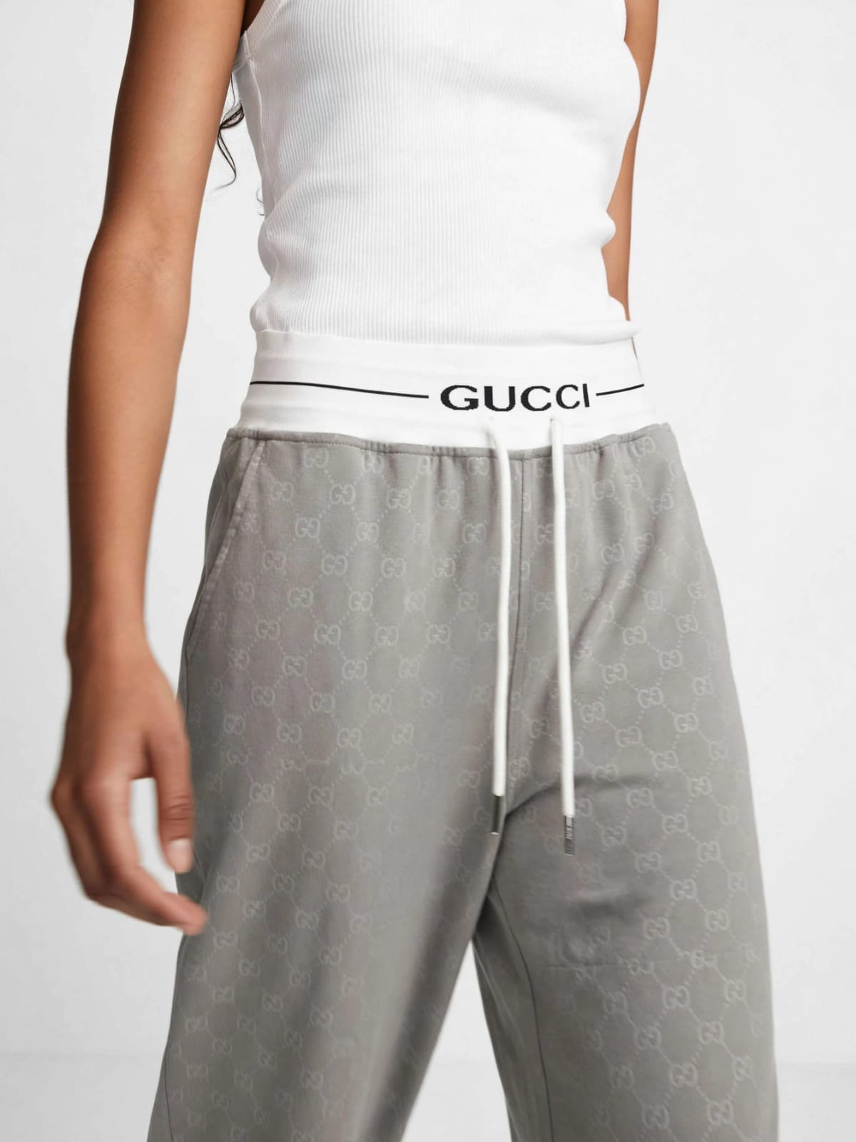 Gucci Logo Waistband Track Pants - Grey Monogram Wide Leg #00356