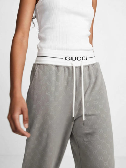 Gucci Logo Waistband Track Pants - Grey Monogram Wide Leg #00356