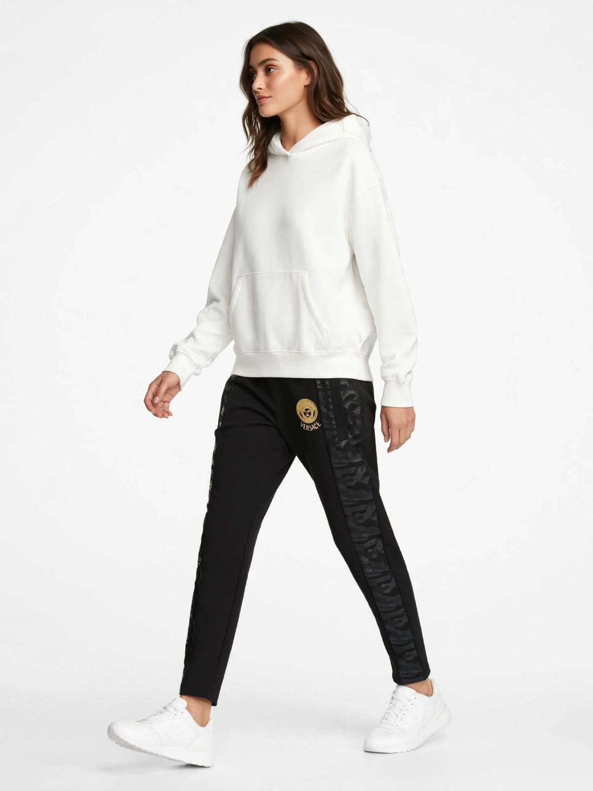 Versace Women's Medusa Track Pants - Black with Gold Logo & Greca Camo Side Panels #00351