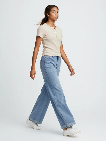Women's Wide Leg High Rise Jeans - Light Wash Blue Denim with Embroidered Hem #00348