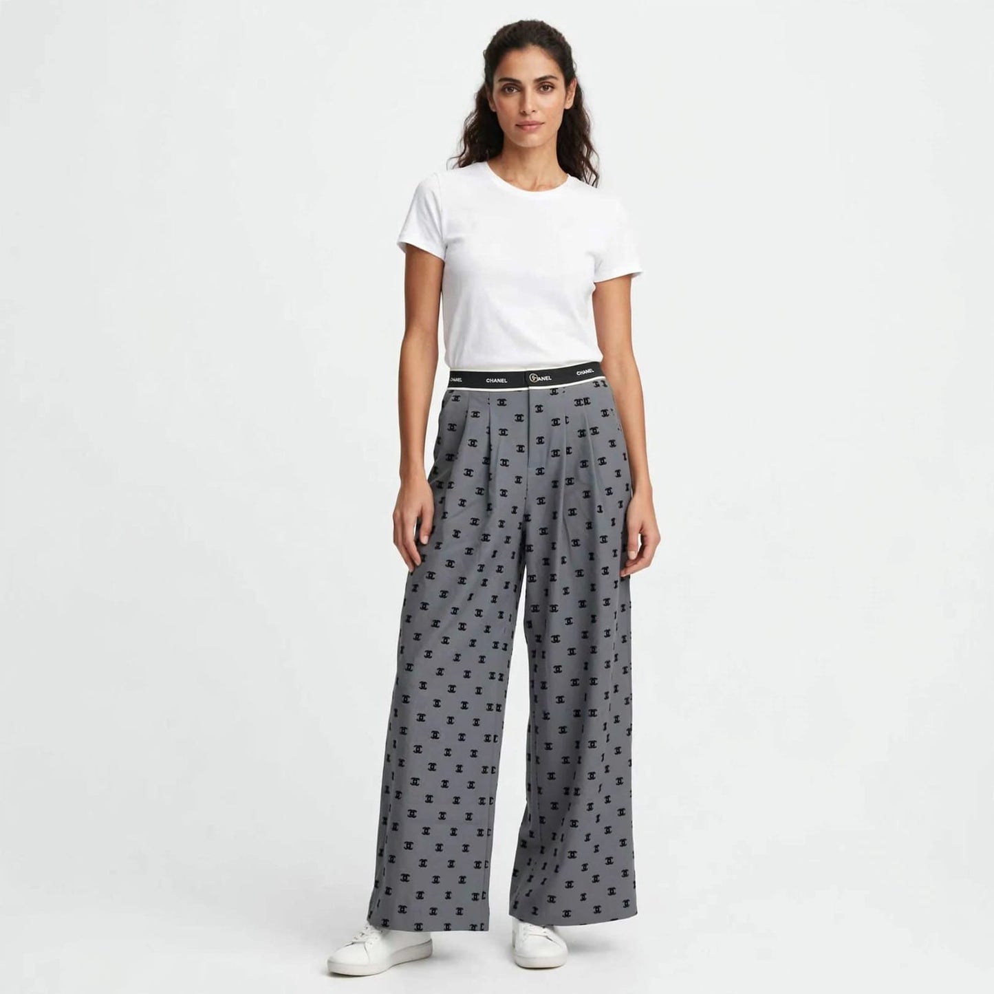 Women's High-Waist Wide Leg Pants - Grey Monogram Print Palazzo Trousers #00346