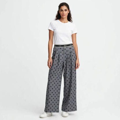 Women's High-Waist Wide Leg Pants - Grey Monogram Print Palazzo Trousers #00346